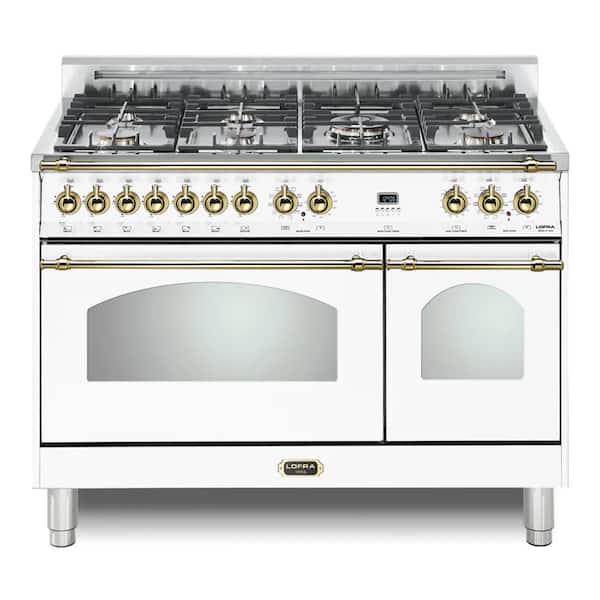Dolcevita Series 48 in. 7 Burners Freestanding Dual Fuel Natural Gas Range in Pearl White with Brass Trim