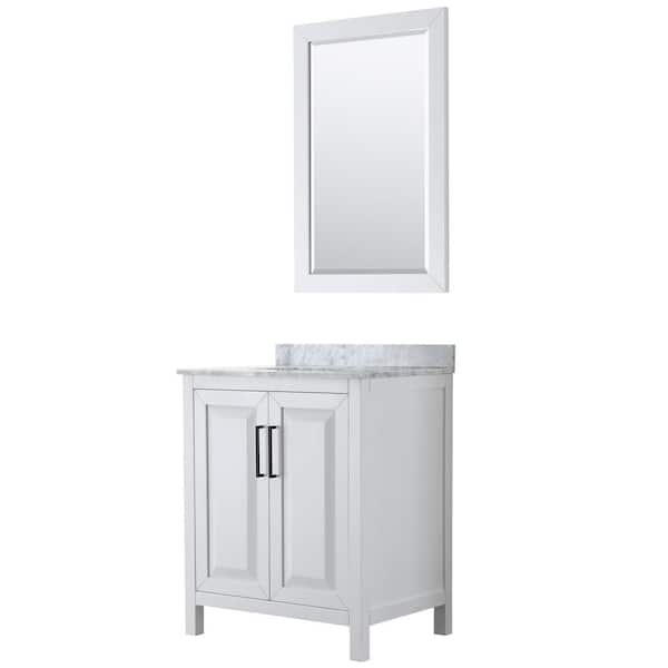Wyndham Collection Daria 30 in. W x 22 in. D x 35.75 in. H Single Bath Vanity in White with White Carrara Marble Top and 24 in. Mirror