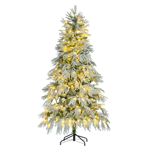 6FT Pre-Lit LED Snow Flocked Artificial Christmas Tree with 300 Multi-Color Lights and 8 Flashing Modes