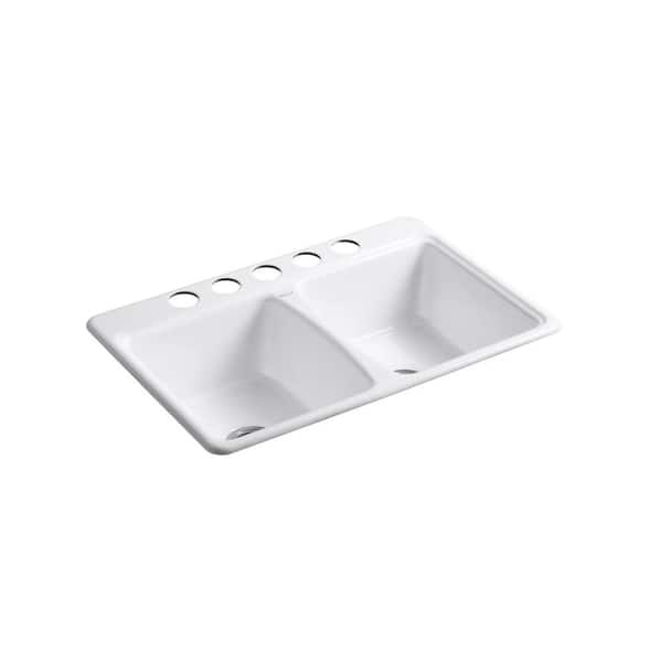 KOHLER Deerfield Self-Rimming Undermount Cast Iron 17.06 in. 5-Hole Double Kitchen Sink in White-DISCONTINUED