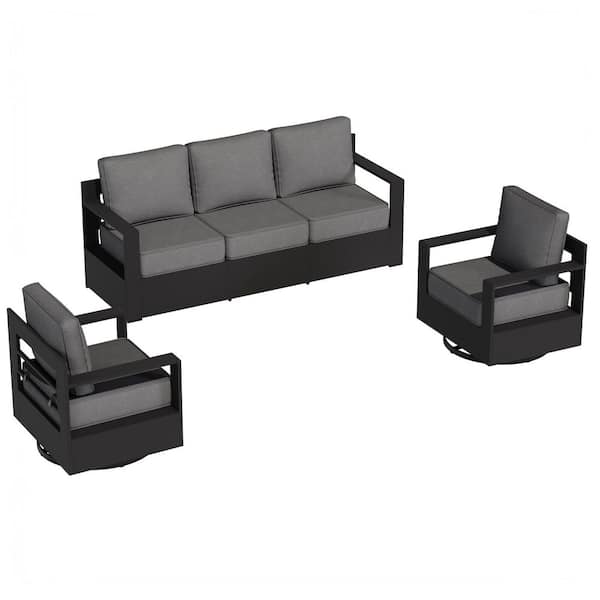 3-Piece Black Aluminum Outdoor Furniture Set Swivel Patio Conversation Set with Gray Cushions