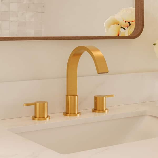 8 in. Waterfall Widespread Double Handle 360° Swivel Bathroom Faucet with Pop-Up Drain in Brushed Gold (1-Pack)
