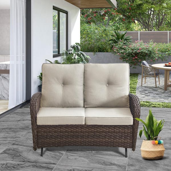 2-Person Wicker Patio Outdoor Glider with Cushion Guard Beige Cushions