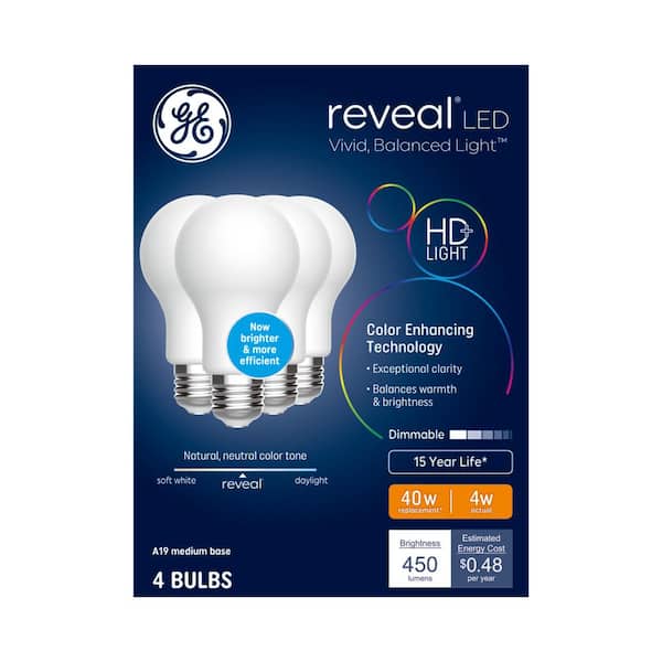 40 Watt Replacement, A19 A-Style General Purpose Light bulb, Reveal, 2950K, LED (4 Pack)