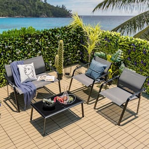 4-Piece Gray Metal Patio Conversation Set with Armrest Loveseat Sofas and Glass Table Deck