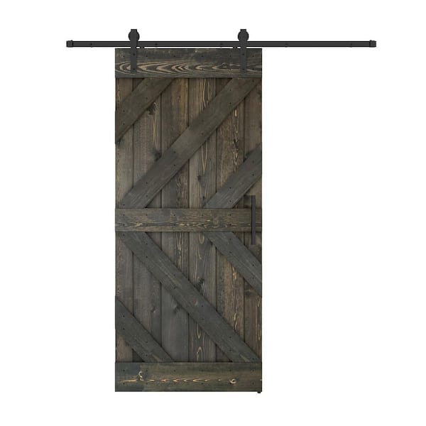 Dessliy Triple KL 24 in. x 84 in. Ebony Finished Pine Wood Sliding Barn Door with Hardware Kit (DIY)
