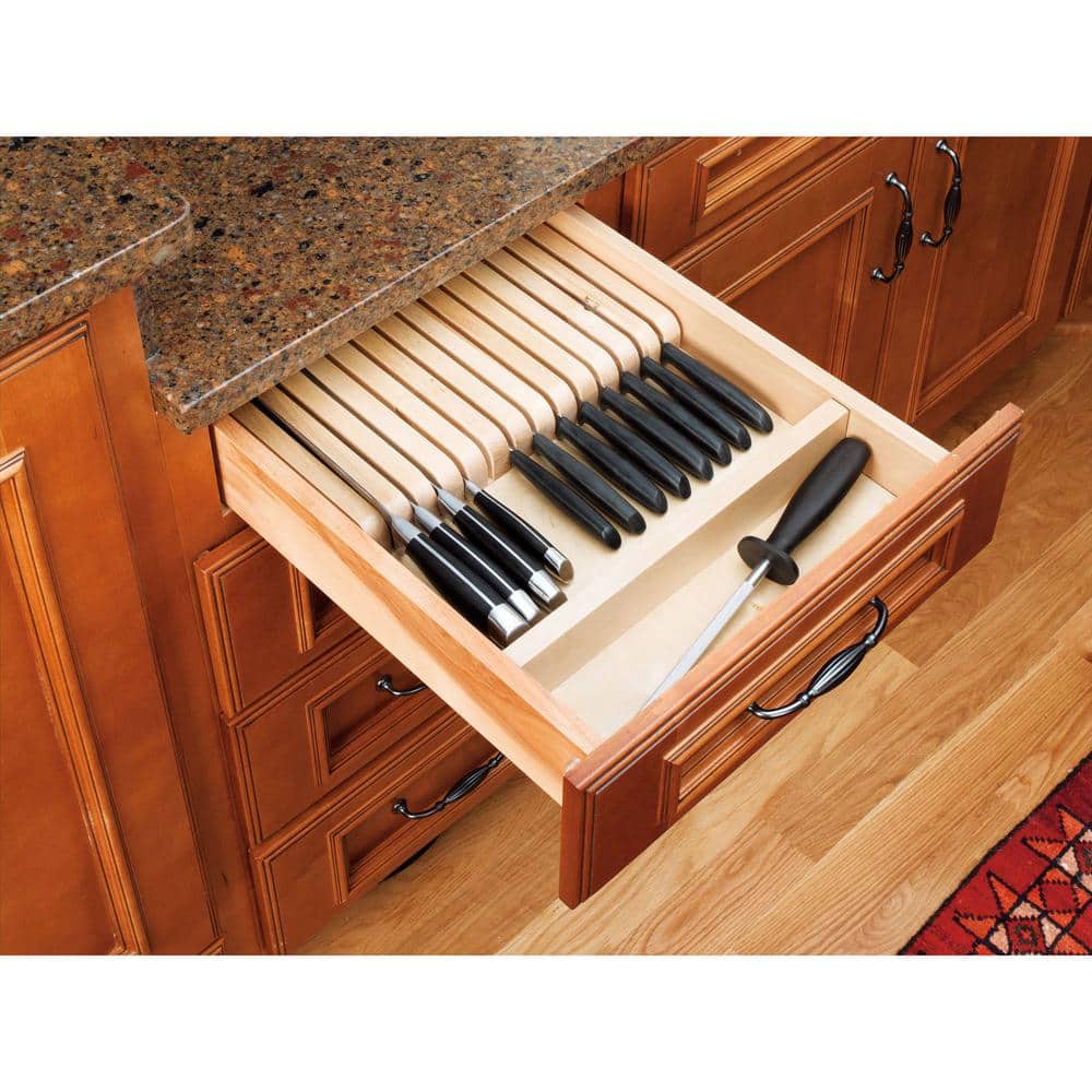 Natural Maple 19-Slot Knife Block Drawer Organizer with Utensil Holder
