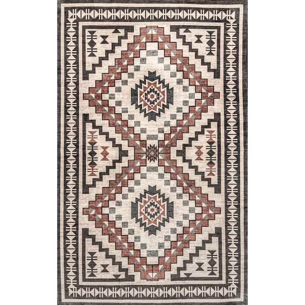 Leighton Machine Washable Southwestern Medallion Beige 4 ft. x 6 ft. Indoor Area Rug
