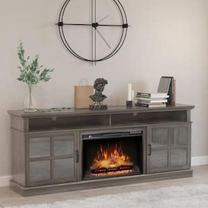 72 in. Freestanding Gray Fireplace TV Stand Glass Door for TVs Up to 80 in. with 26 in. Electric Fireplace Insert