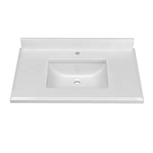 Victoria 37 in. W x 22 in. D Quartz Rectangular Sink Vanity Top Engineered with Ceramic and Backsplash in White