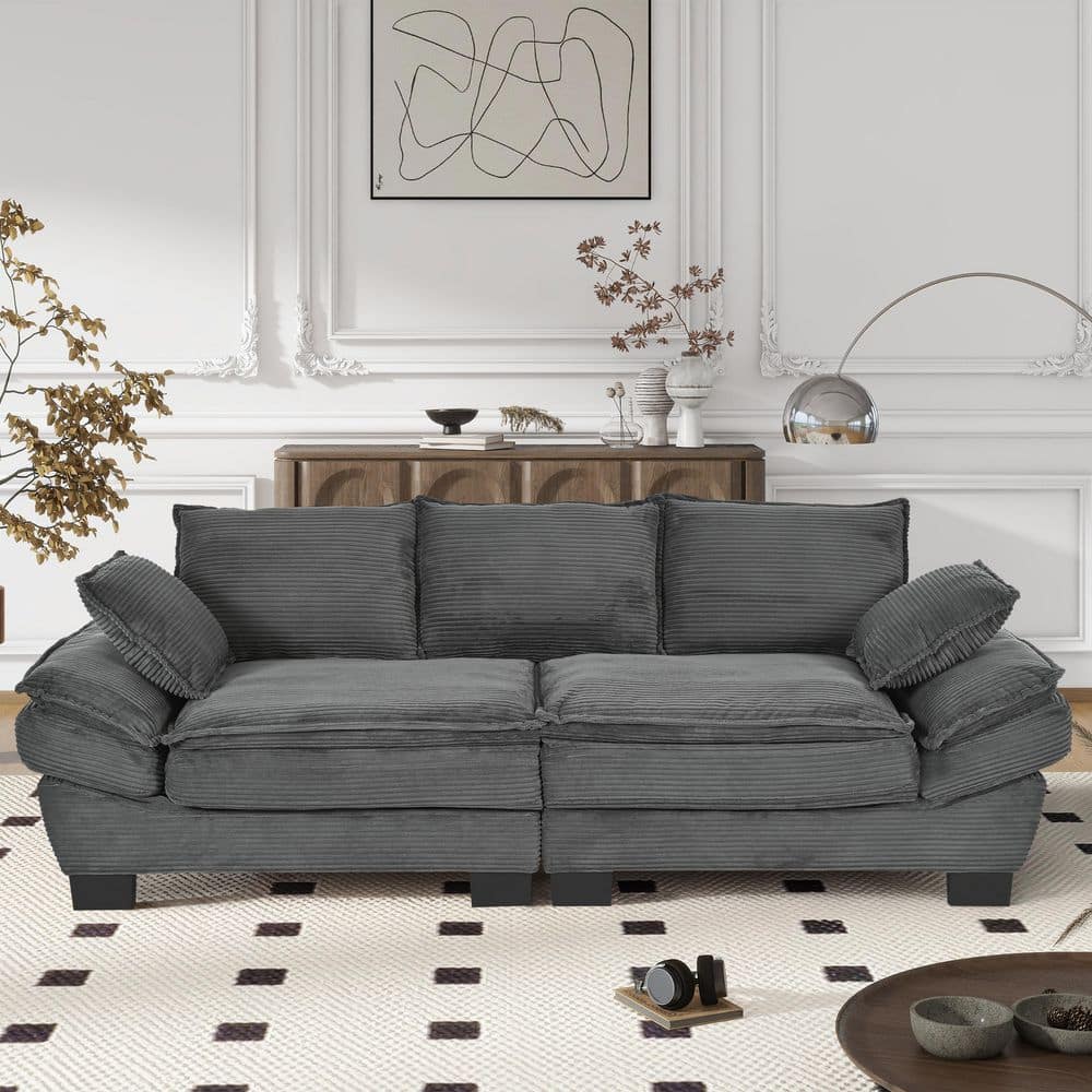 80.3 in. Square Arm Corduroy Rectangle Sofa in Gray with 2-Decorative Throw Pillows