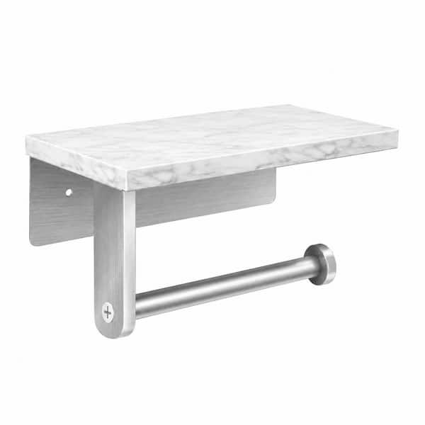 Brushed Nickel Toilet Paper Holder with Natural Marble Shelf, Screw Wall Mounted Tissue Roll Holder for Bathroom