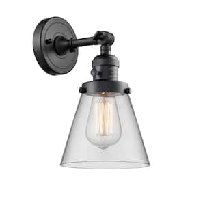 Cone 6.25 in. 1-Light Matte Black Wall Sconce with Clear Glass Shade with On/Off Turn Switch