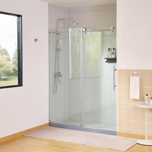 Vanity Art 56–60 in. W x 76 in. H Frameless Sliding Shower Door in Chrome with Explosion-Proof Clear Glass