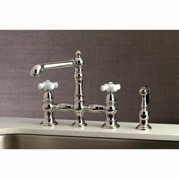 English Country 2-Handle Bridge Kitchen Faucet with Side Sprayer in Polished Nickel