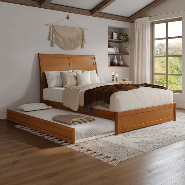 AFI Andorra Light Toffee Natural Bronze Solid Wood Frame Queen Platform Bed with Panel Footboard and Twin XL Trundle