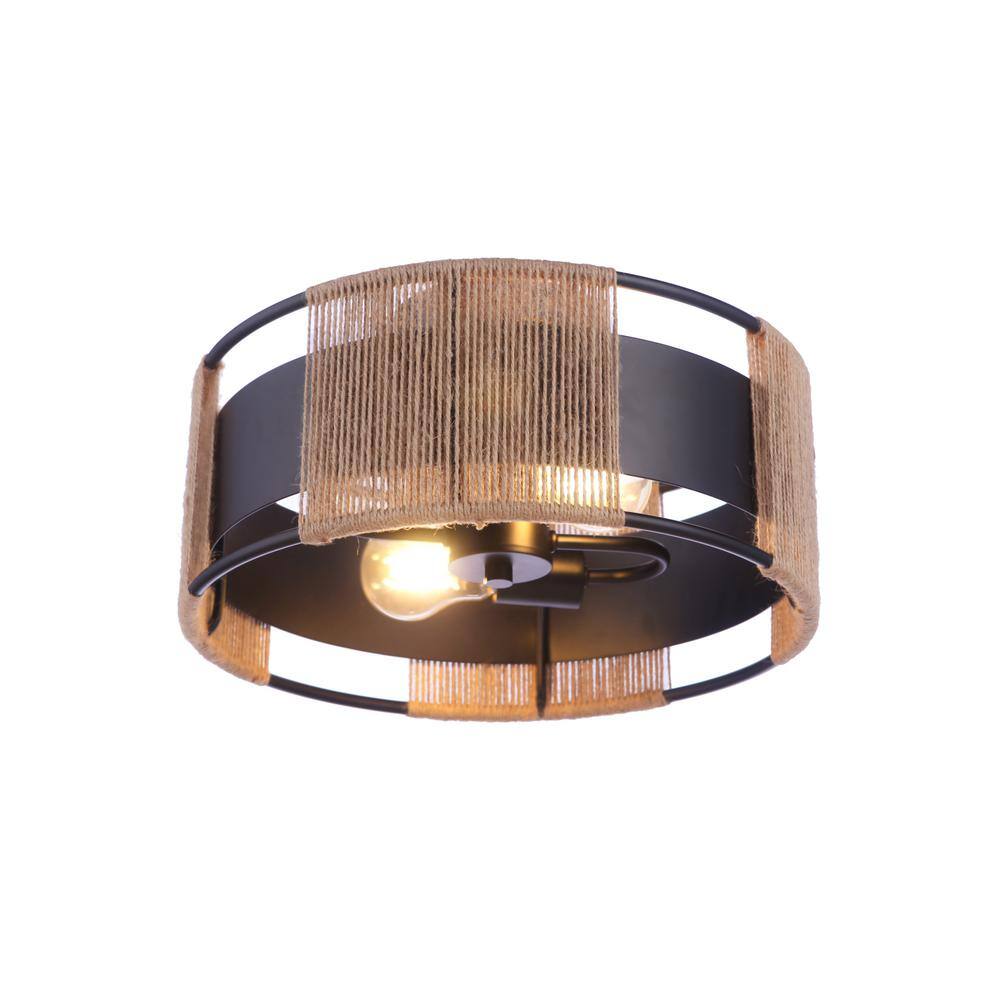 Flat Black and Hemp Rope Drum Semi-Flush Mount Light