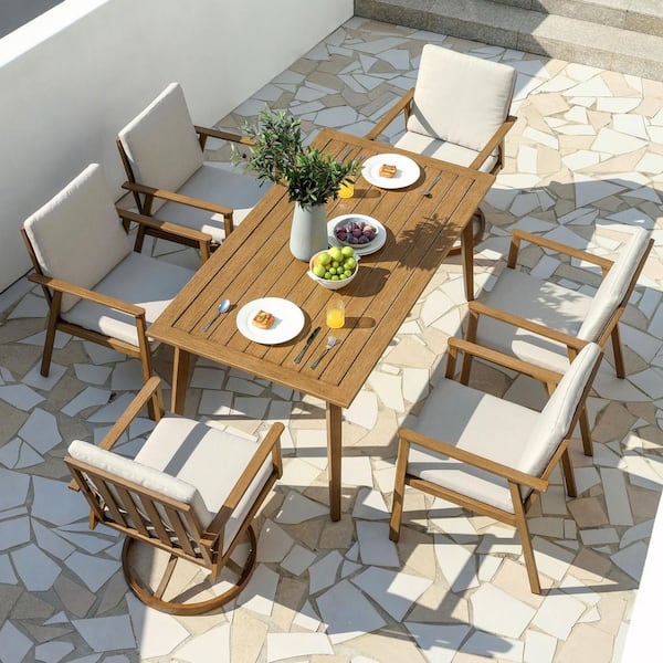 Unbranded Alulux Wood-Like 7-Piece Aluminum Outdoor Dining Set with Large Table + Stationary&Swivel Chairs and White Cushions