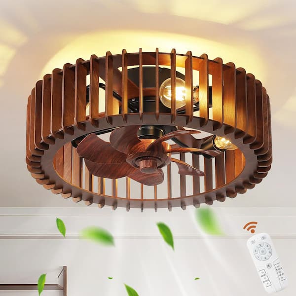 12 in. Indoor Brown Farmhouse Wooden Cage Flat Ceiling Fan With Light And Remote Control 6-Speed Reversible Motor