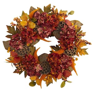 24 in. Fall Hydrangea, Lotus and Berries Artificial Wreath