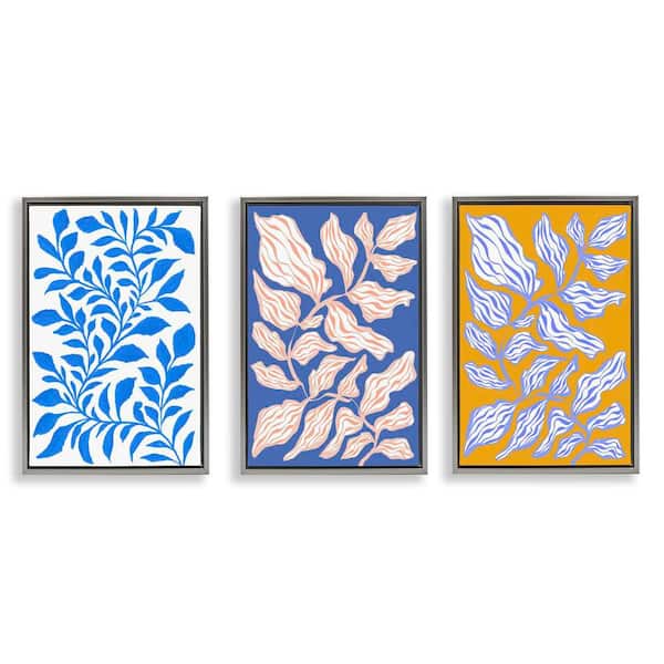 Stupell Industries Boho Leaf Patterns by Martina Pavlova 3 Pieces Gray Floater Frame Nature Graphic Art Print 25 in. x 17 in.
