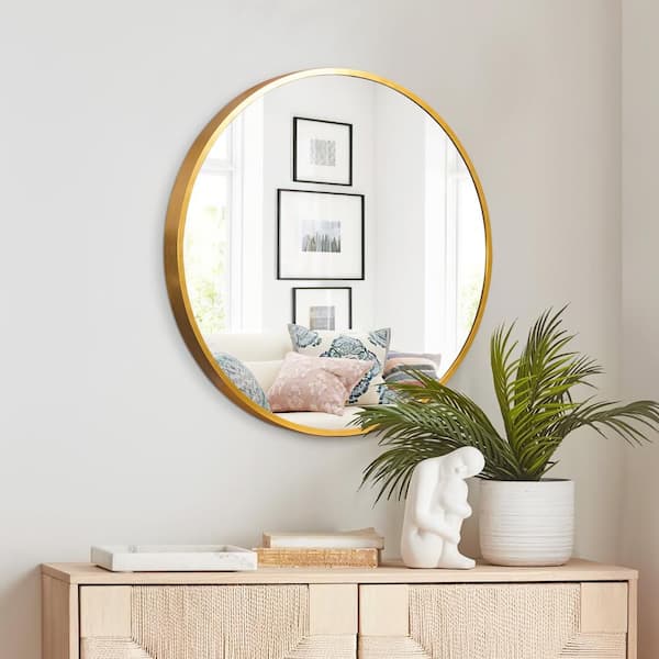 Dovelina 15.7 in. W x 15.7 in. H Medium Round Gold Metal Framed Modern Wall Vanity Mirror