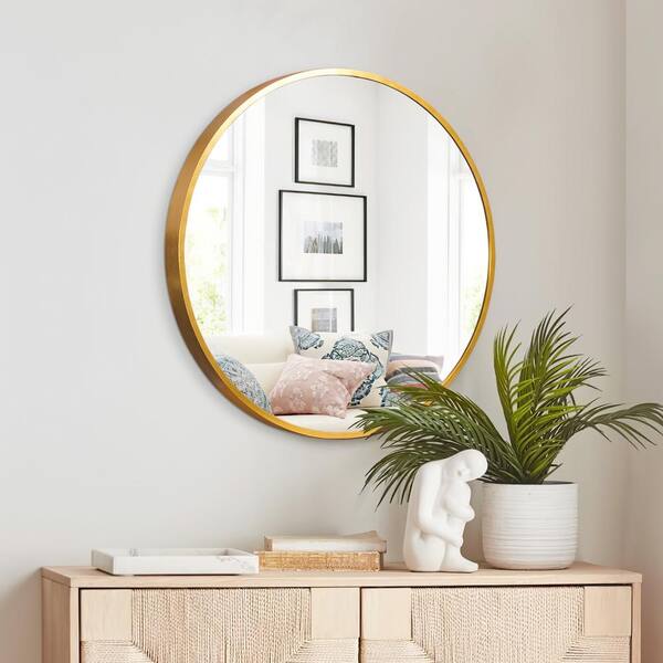 NEUTYPE 15.7 in. W x 15.7 in. H Medium Round Gold Metal Framed Modern Wall Vanity Mirror