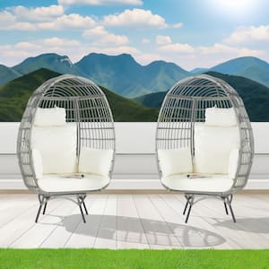 2-Pieces Patio Wicker Swivel Egg Chair, Oversized Indoor Outdoor Egg Chair, Gray Rattan Beige Cushions