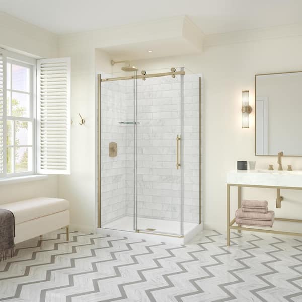 MAAX Odyssey SC 48in. x 32in. x 78in. 8mm Frameless Sliding Shower Door for Corner Installation w/Clear glass in Brushed Gold