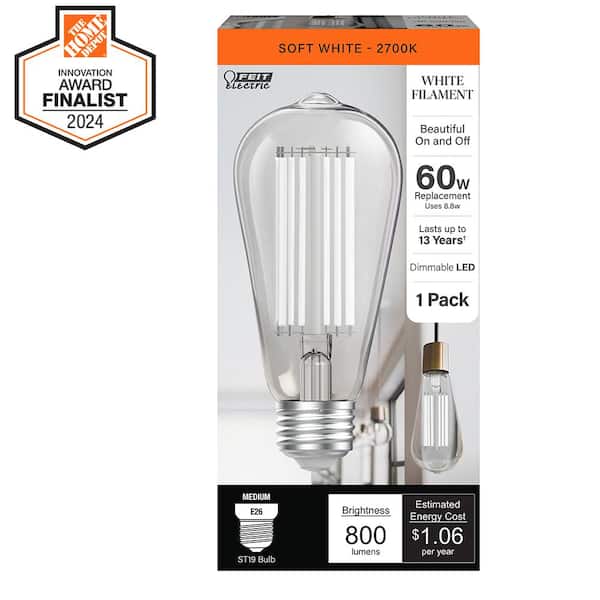 Feit Electric 60-Watt Equivalent ST19 Dimmable White Filament Clear Glass E26 Vintage Edison LED Light Bulb, Soft White 2700K