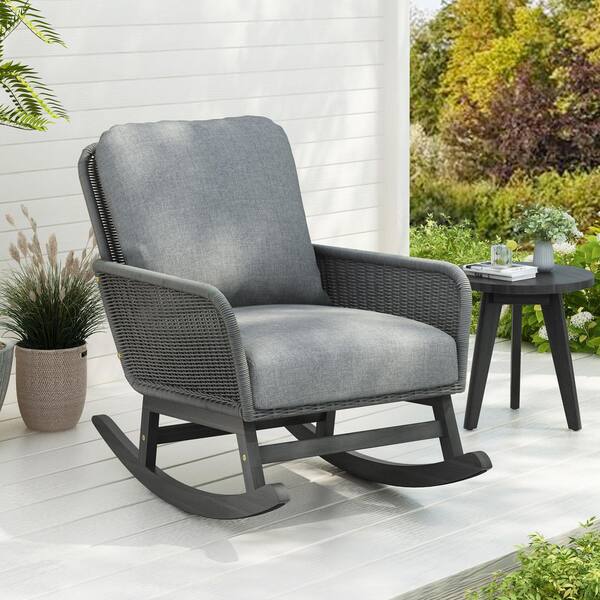 Gray Wicker Contemporary Outdoor Rocking Chair with Soft. Gray