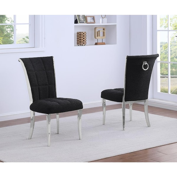 Best Quality Furniture Raina Black Boucle Fabric Side Chair (Set of 2) with Silver Legs
