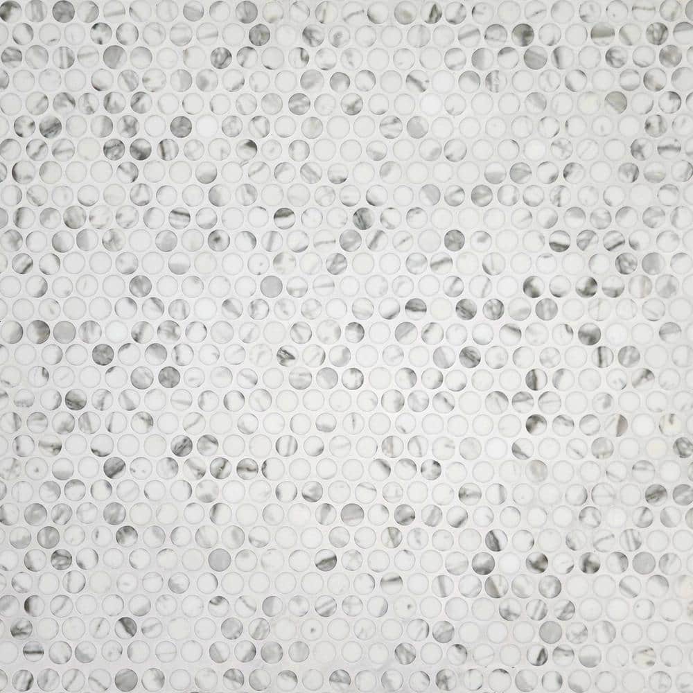 White Calacatta Matte Glass Penny Round Mosaic Tile