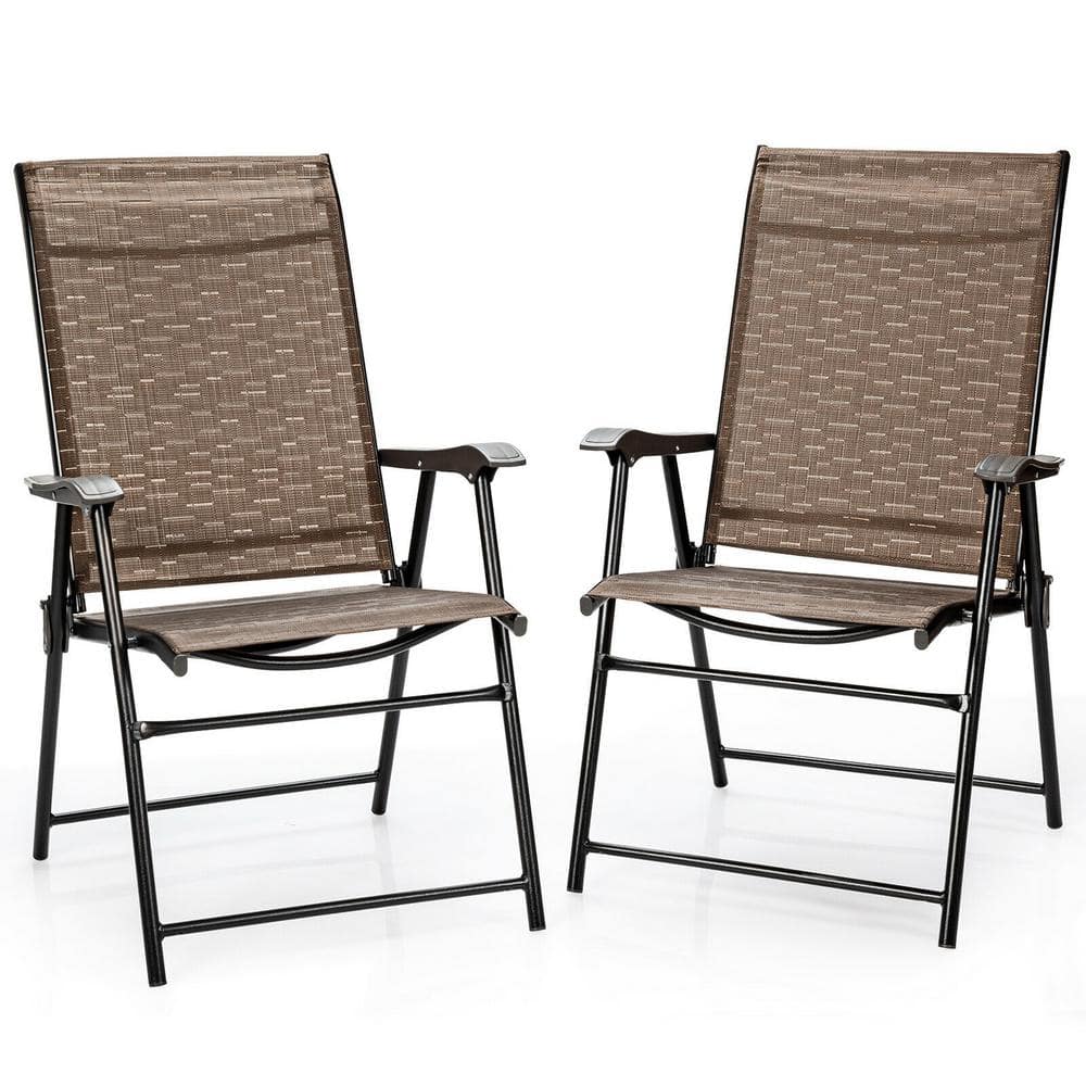 Folding Metal Outdoor Dining Chair in Brown with Armrest (2-Pack)