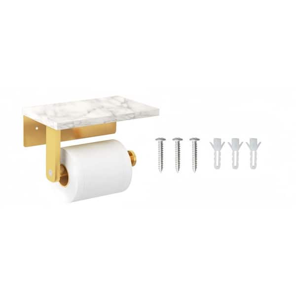 Wall Mount Toilet Paper Holder with Shelf for Bathroom, Marble Shelf and Stainless Steel Frame, Brushed Gold