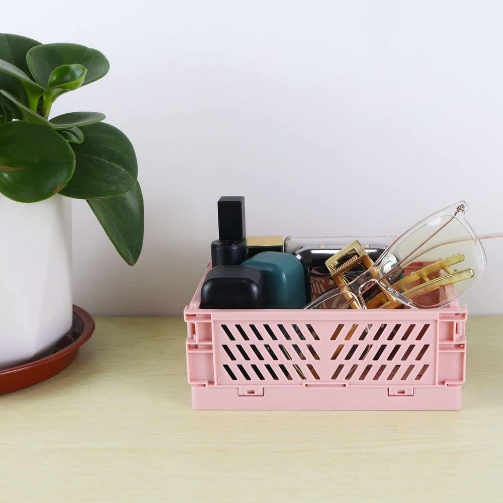 Plastic Foldable Baskets and Storage Crate for Home Kitchen Bedroom Bathroom Office Organizing and Storage, Pink(2-Pack)
