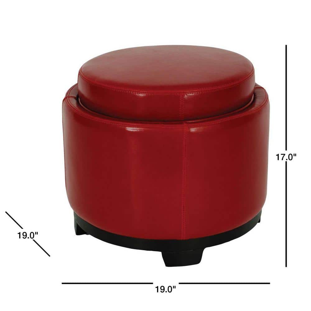Transitional Round Red Ottoman with Storage Tray