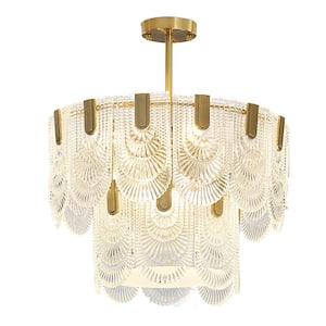 20 in. 6-Light Semi Flush Mount Ceiling Light Modern Brass Crystal Ceiling Light with 2-Tier Glass Shade, Bulbs Included