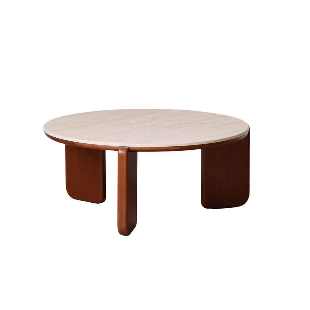 39.4 in. Walnut Round Shape Solid Oak Wood Coffee Table with Sculptural Base