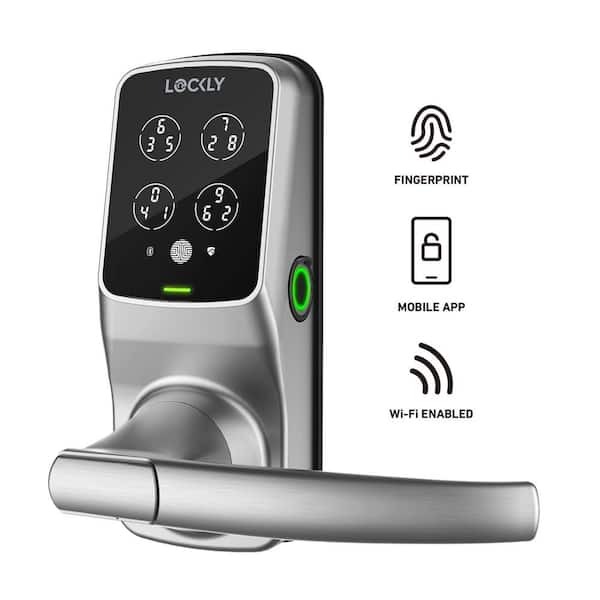 Lockly Secure Pro Satin Nickel Smart WiFi Mobile App-Controlled Lever Latch, 3D Fingerprint, Keypad, Works w/ Hey Google/Alexa