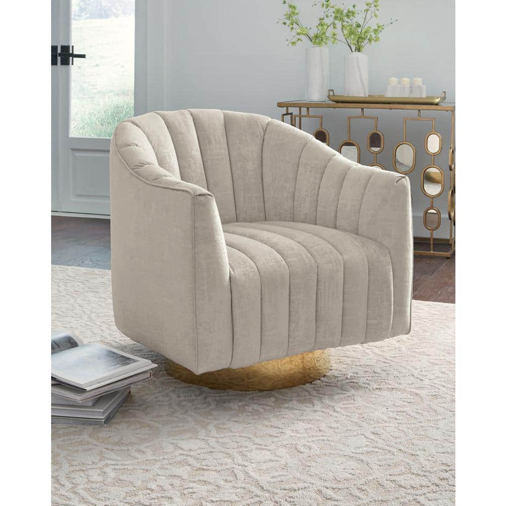 Beige Velvet Barrel Swivel Accent Chair