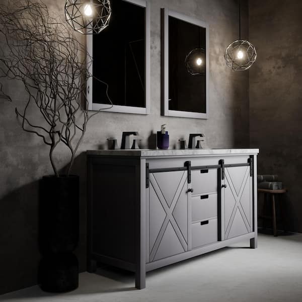 Marsyas 60 in W x 22 in D Dark Grey Double Bath Vanity, Carrara Marble Countertop and 24 in Mirrors