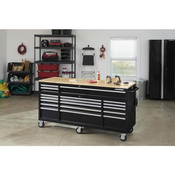Husky Tool Storage 72 in. W Standard Duty Gloss Black Mobile Workbench Tool Chest