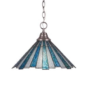 1-Light Brushed Nickel Pendant with 16 in. Sea Ice TiffGlass Glass