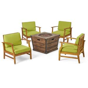 Mark Teak Brown 5-Piece Wood Patio Fire Pit Seating Set with Green Cushions