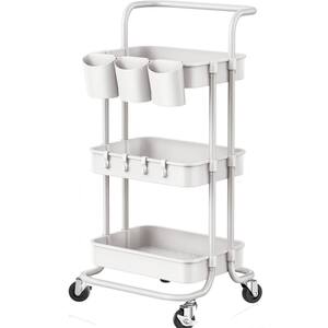 White Stainless Steel Rolling Kitchen Cart with Hanging Cups and Hooks and Handle