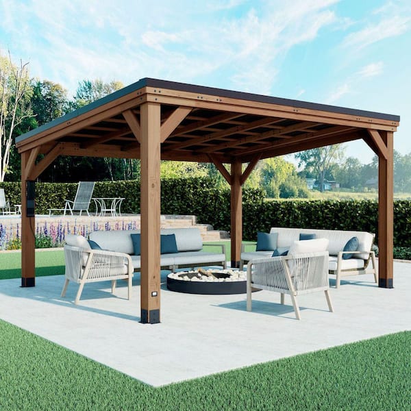 Arcadia 12 ft. x 14 ft. Light Brown Cedar Wood Outdoor Patio Gazebo with Hardtop Galvanized Steel Slope Roof, PowerPort