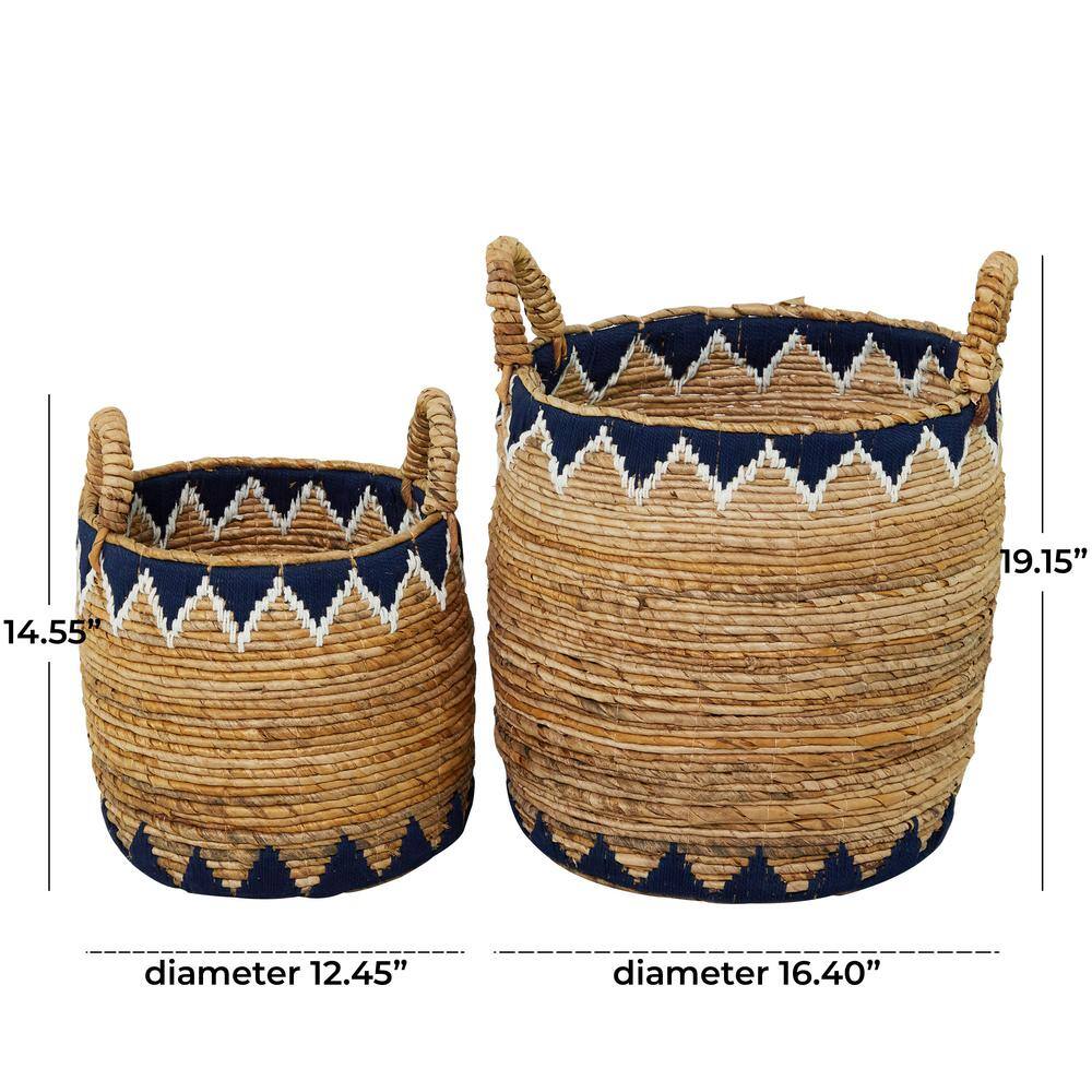 Natural Brown and Blue Wicker Round Storage Baskets with Handles