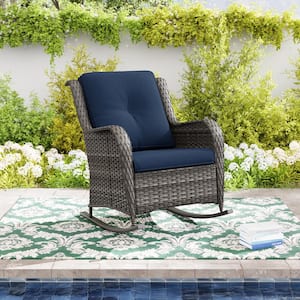 Wicker Outdoor Patio Rocking Chair with Blue Cushion