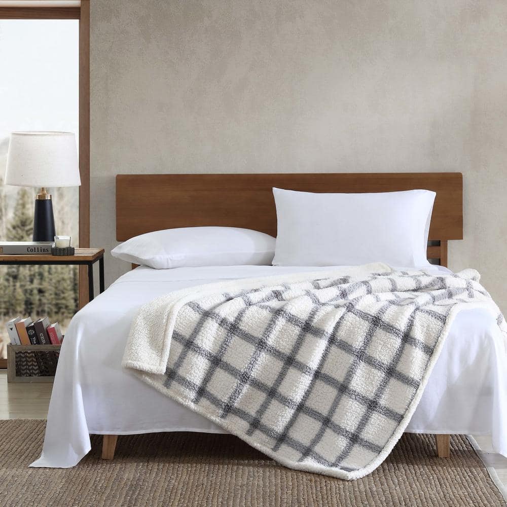 Gray and White Plaid Reversible Sherpa Throw Blanket